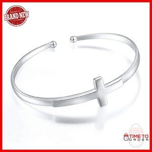 Sterling Silver Sideways Cross Bangle Bracelet Adjustable Faith Hope Love